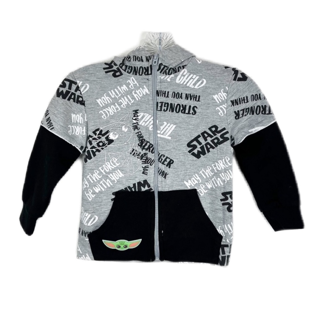 Star Wars Grogu Baby Yoda Full Zip Front Hoodie Sweater Youth Boys 5 Gre…